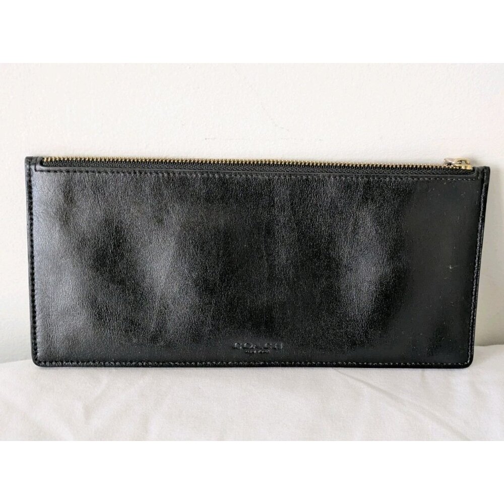 Coach Black Leather Zip Pouch Skinny Wallet Clutch  9.5” X 4.25” Accessory Bag
